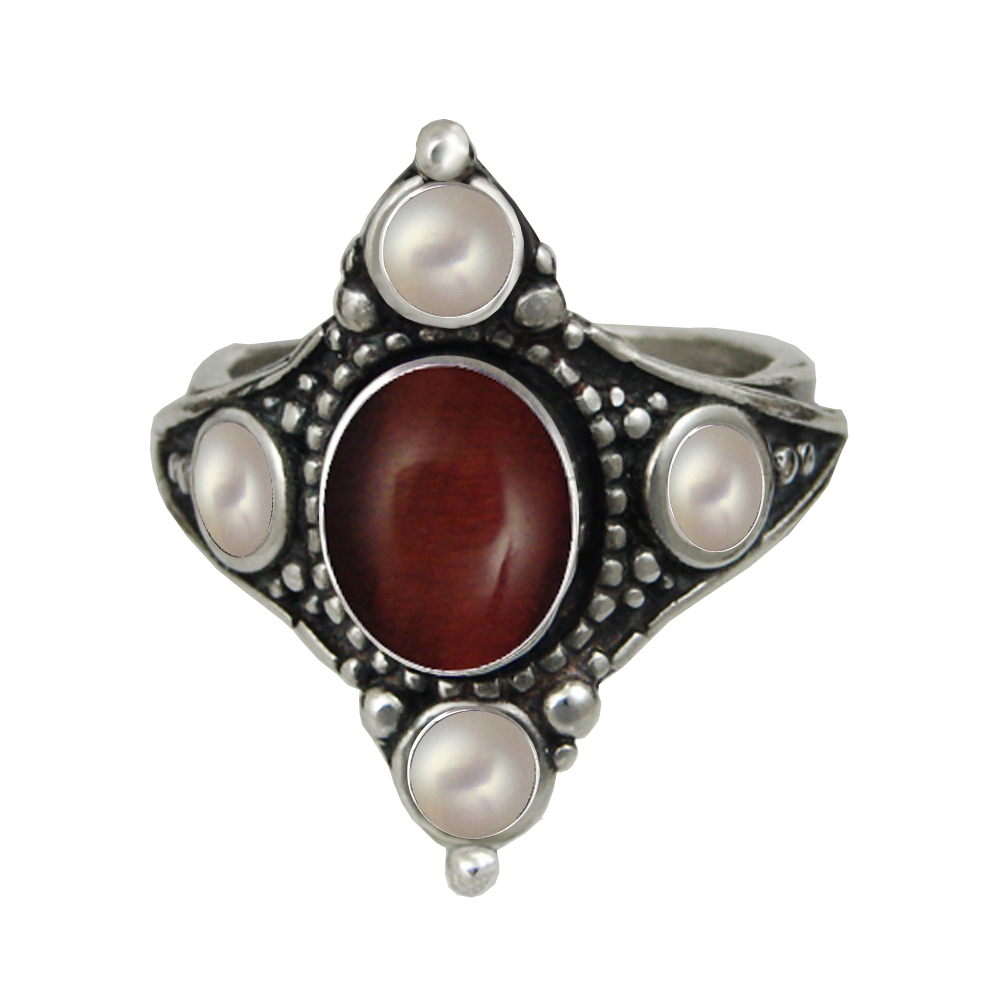 Sterling Silver Queen's Ring With Red Tiger Eye And Cultured Freshwater Pearl Size 9